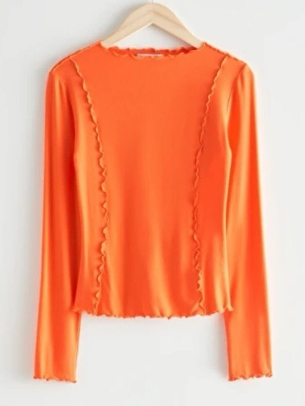 & Other Stories Top Fitted Frill Lettuce Edge Bright Orange Sheer M